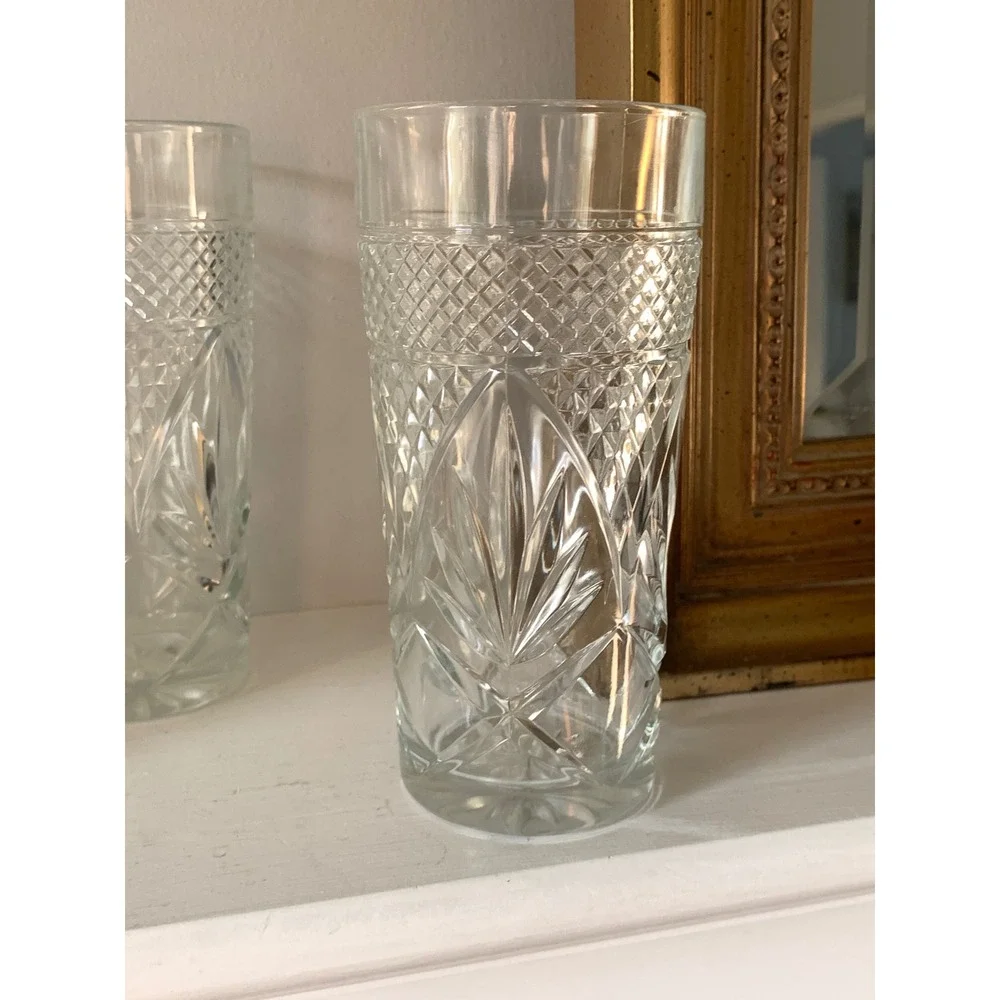 Vintage Pressed Glass Highball Tumblers Set of‎ 6 Clear Diamond Cut Pattern 6in